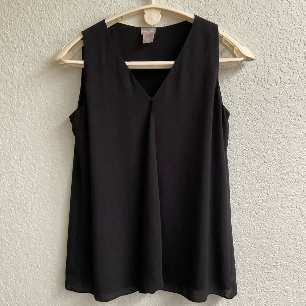 Chico’s V-neck Tank Pleated Front Black V-Neck Lined Flowy Size 6-8 (Chico’s 0)